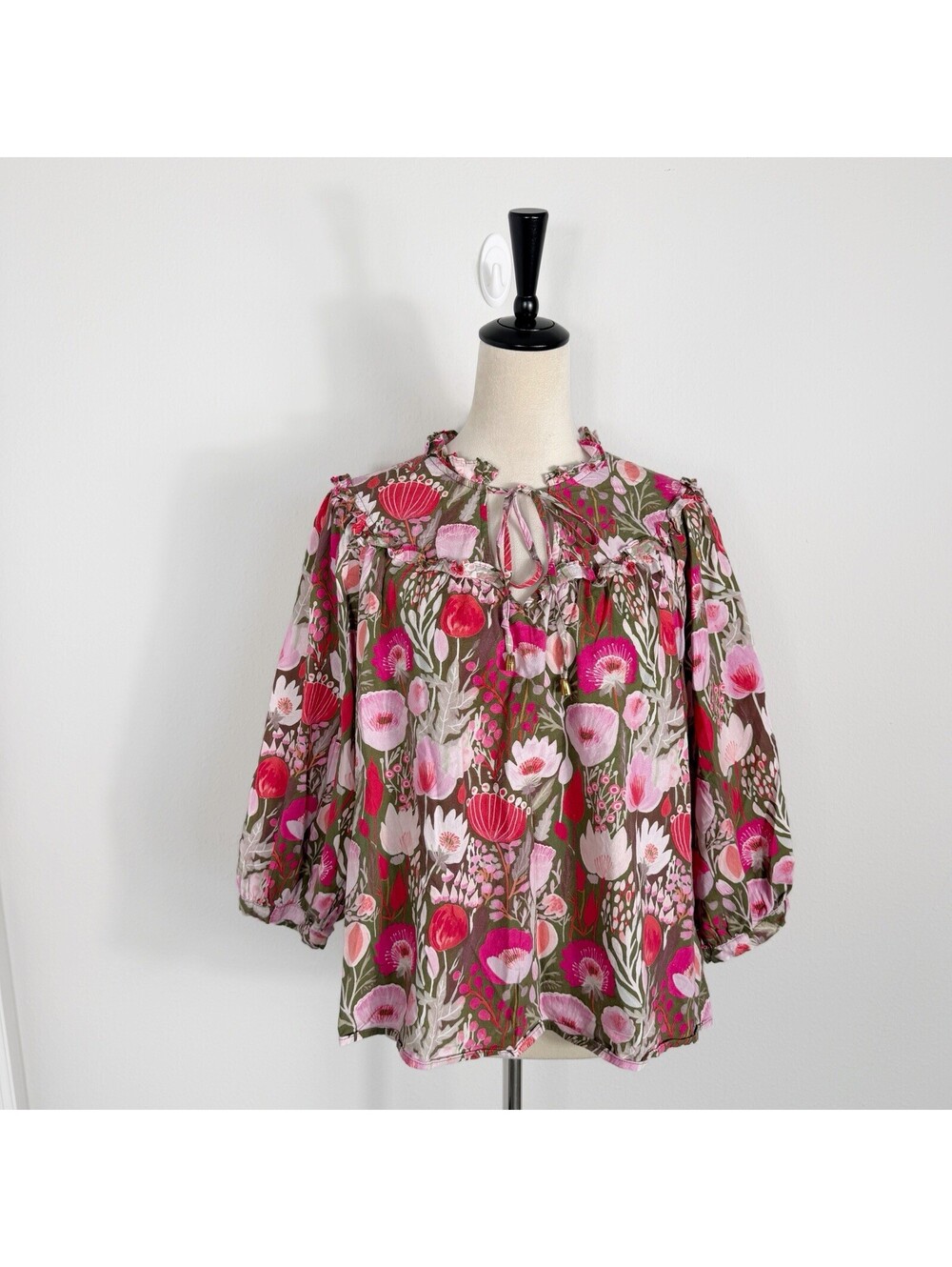 Entro Women’s Floral Ruffle Blouse Pink Green 100% Cotton Cottagecore Peasant LG